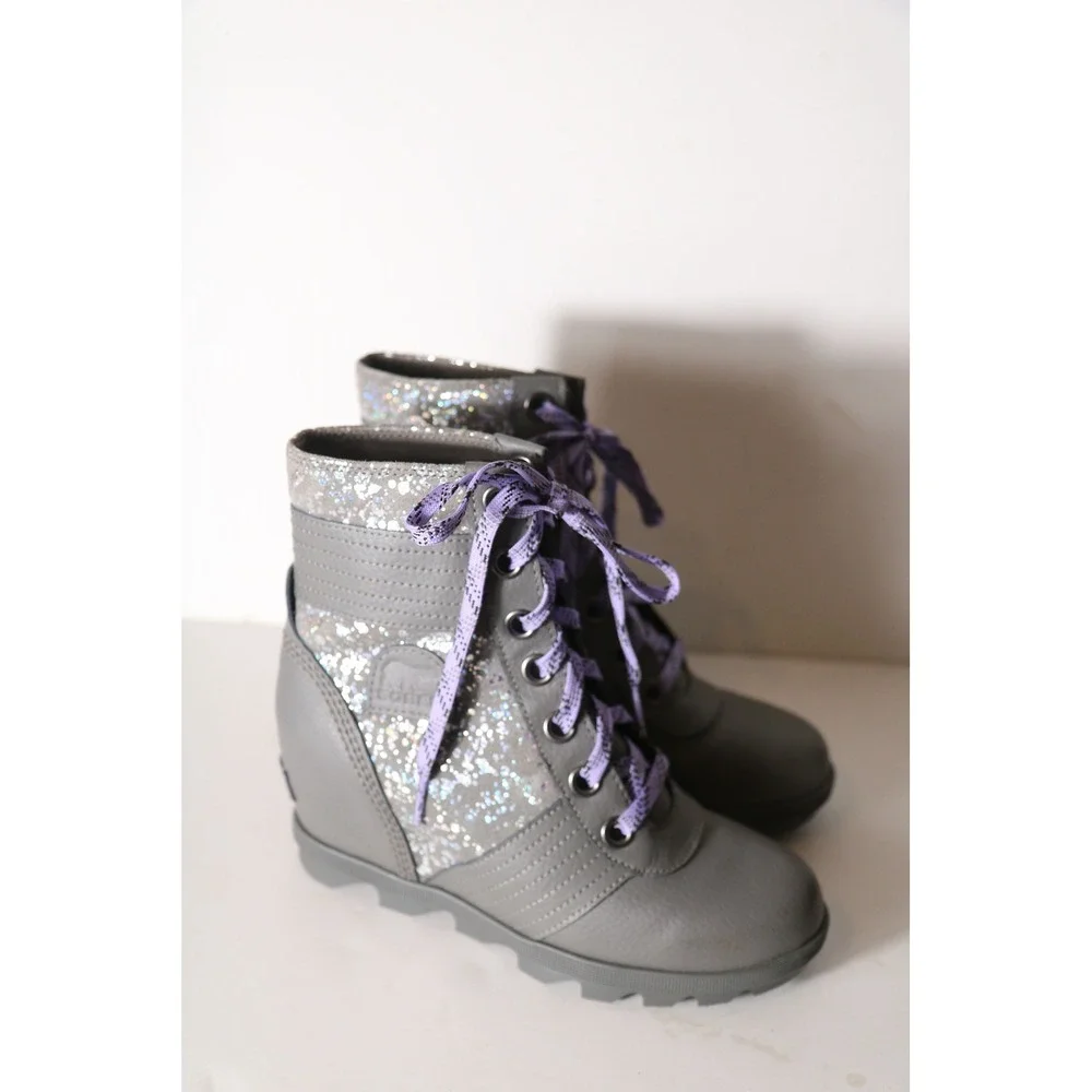 Sorel Lexie Wedge Bootie Silver Sparkle Girls 3 Lace Up Gray Purple